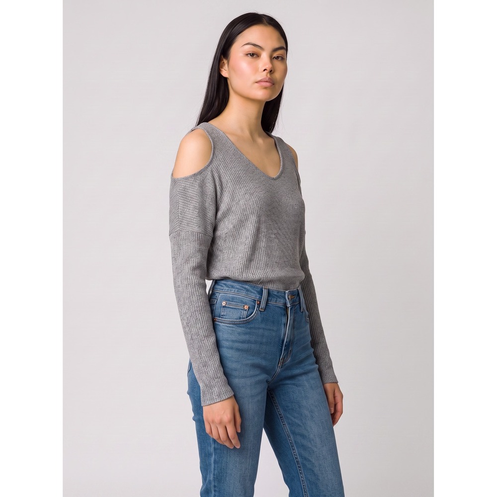 Daytrip Grey Marl‎ Cold Shoulder V-Neck Ribbed Knit Sweater Medium